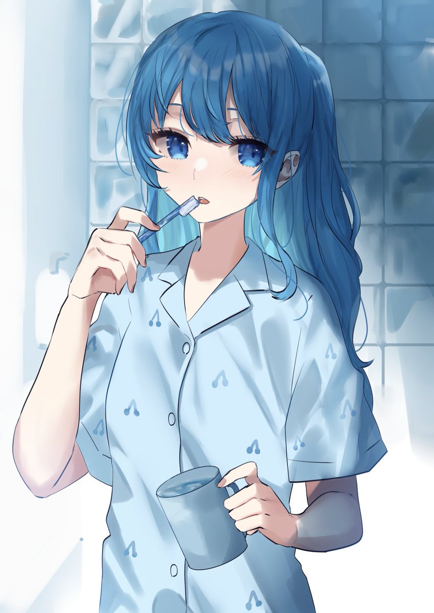 hoshimachi suisei 1girl blue eyes solo blue hair toothbrush cup holding  illustration images