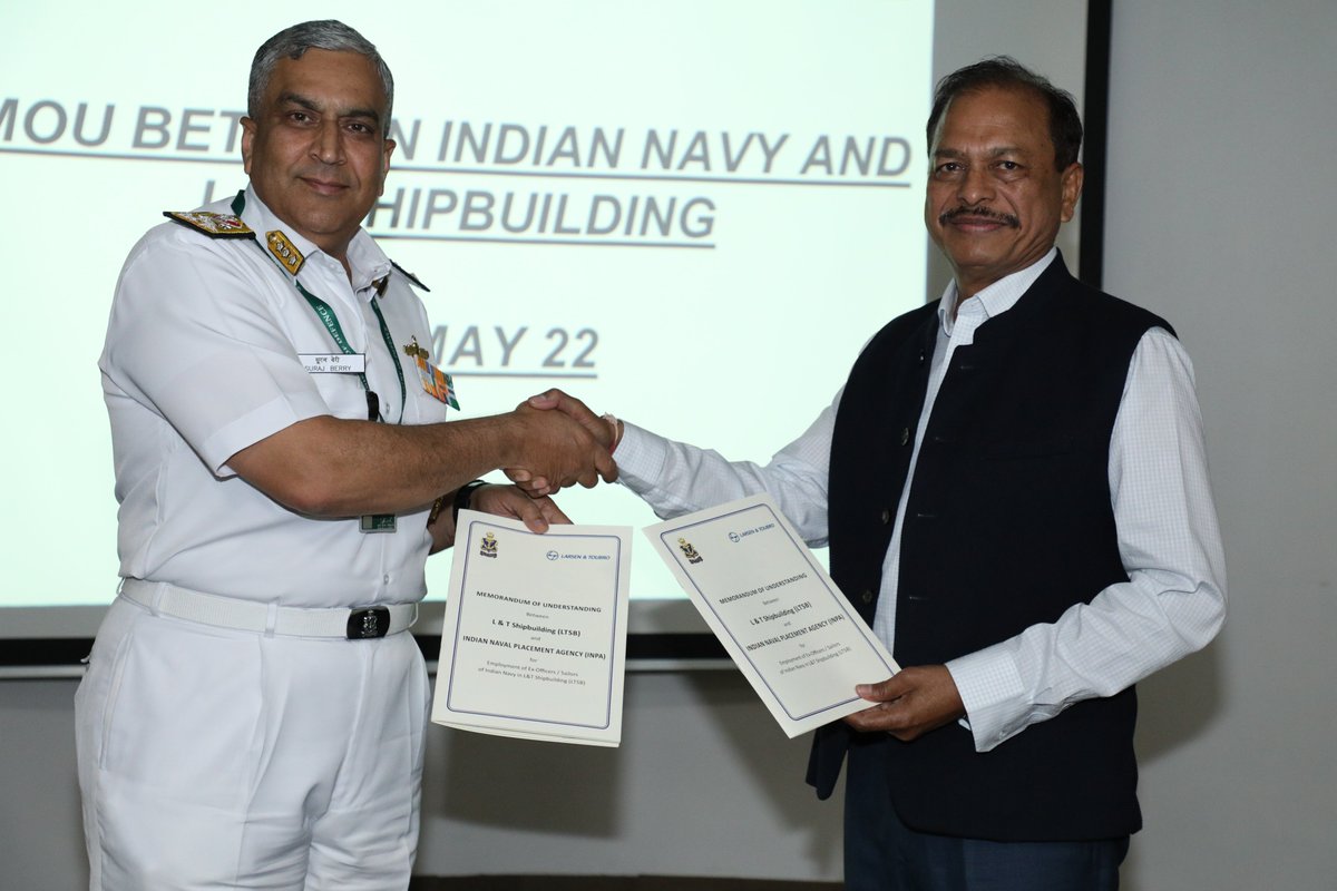SpokespersonMoD's tweet photo. An MoU was signed today between the #IndianNavalPlacementAgency and the shipbuilding arm of the @larsentoubro - L&T Shipbuilding, #LTSB to explore opportunities for the recruitment of naval Ex-Servicemen at #LTSB
Read here for more: https://t.co/JZoKDl2Krp https://t.co/xVbubplrDn