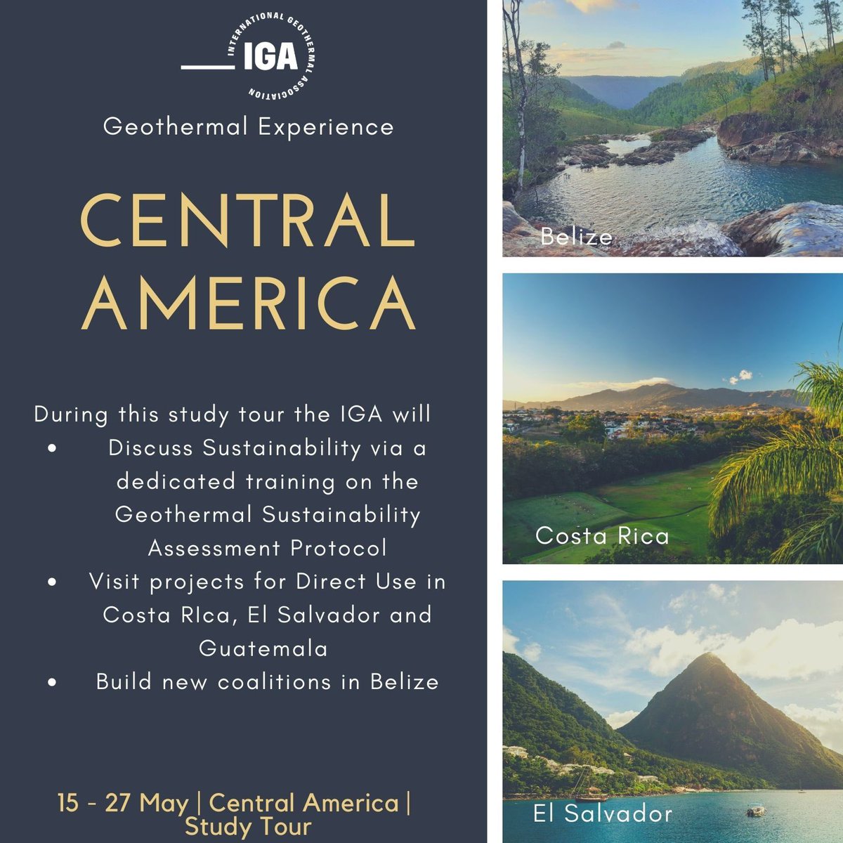 lovegeothermal's tweet photo. IGA is on a study tour in Central America between 16-26 May. #Sustainability #DirectUse #GreenHydrogen #Power is on the Agenda. We will be in Costa Rica, El Salvador, Guatemala and Belize! Will scout for venues for large geothermal events as well! Exciting times! https://t.co/bST7NStaJg