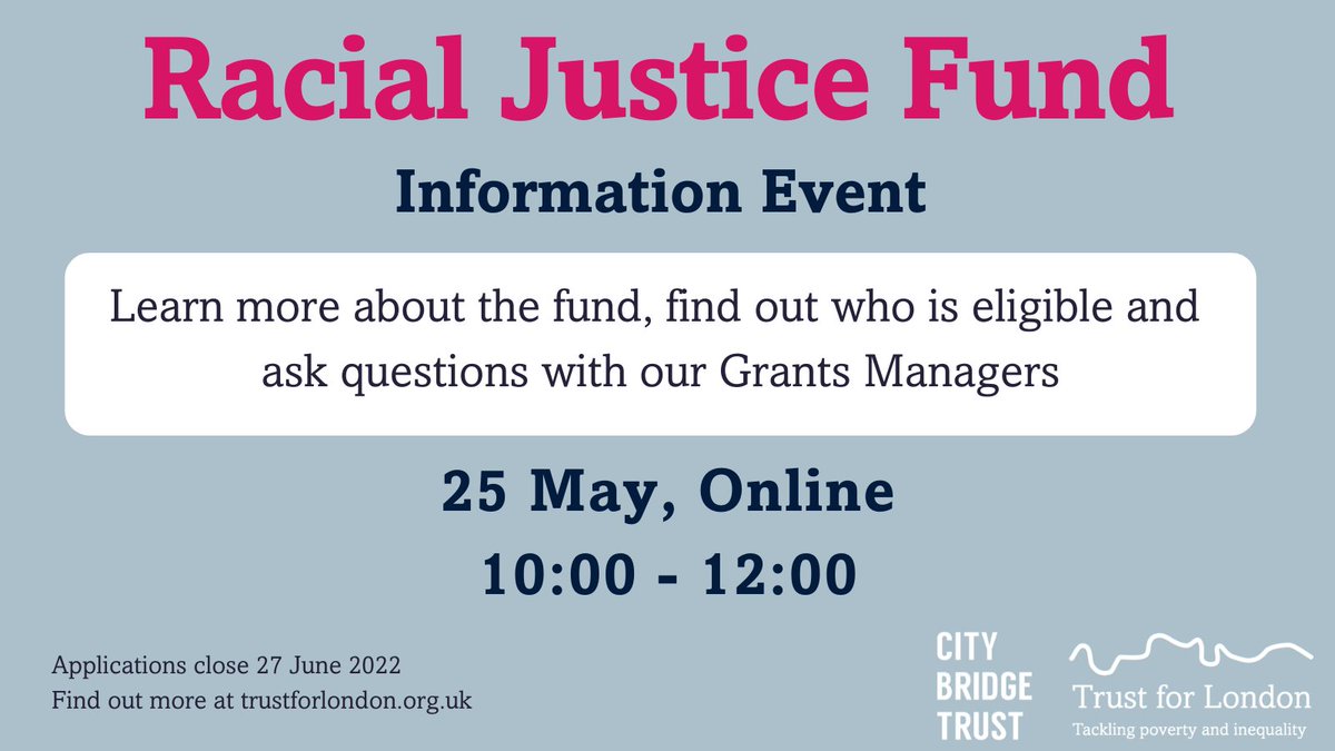 trustforlondon's tweet photo. 📣For anyone interested in our new Racial Justice Fund, sign up for this information event where you can learn more about the funding guidelines and speak to our Grants Managers about any questions.

📌Online, Wed 25 May 10.00-12.00

Register here: https://t.co/jIFDSVEa9H https://t.co/7zIDxeWuWH