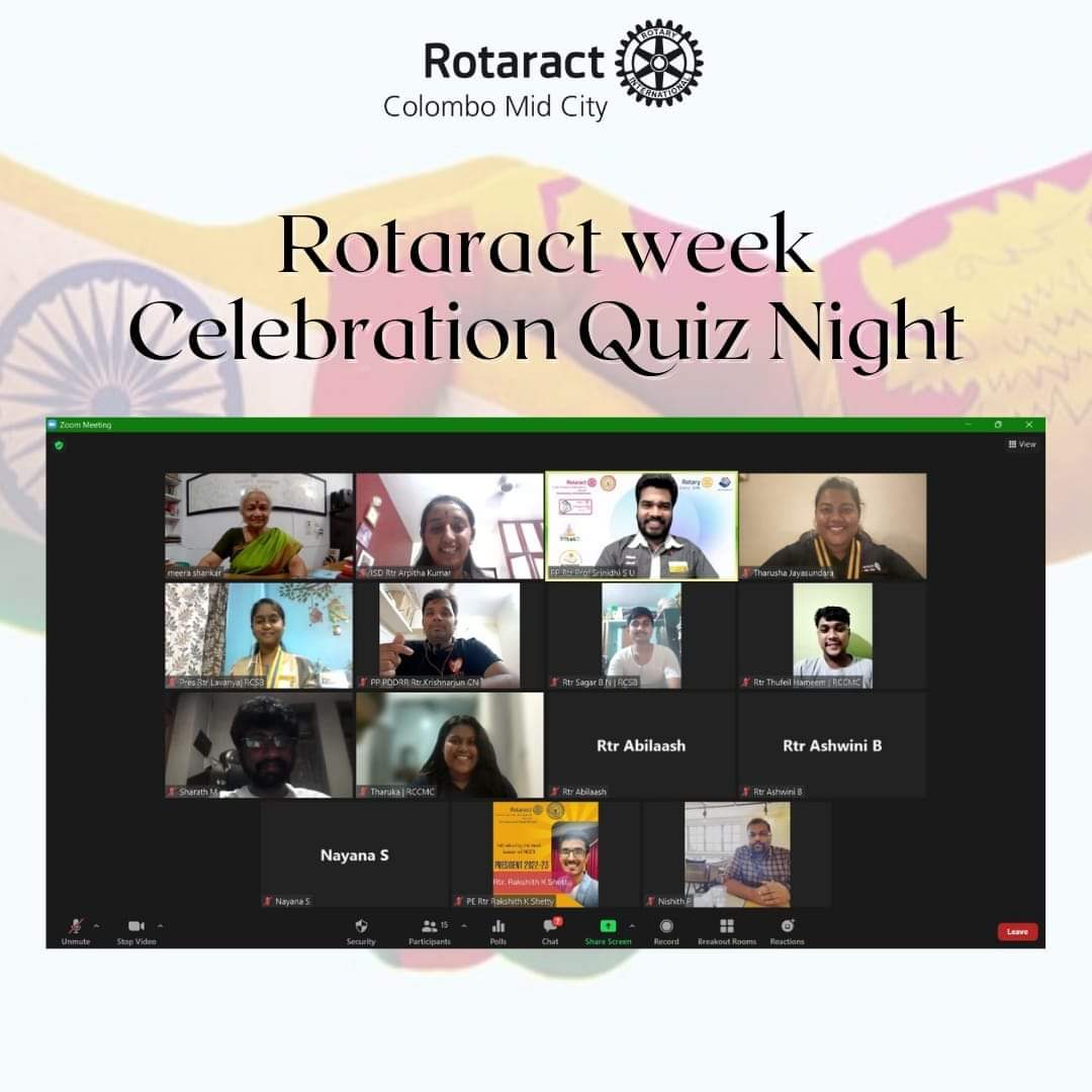 ClubColombo's tweet photo. Rotaract Club of Colombo Midcity with Rotaract Club of Swarna Bengaluru, RID 3190 organised a virtual fellowship event  to celebrate "World Rotaract Day". Event successfully held on 12th March 2022 7pm onwards via zoom. Event consisted with different activities including quizes. https://t.co/JvA84vzVlF