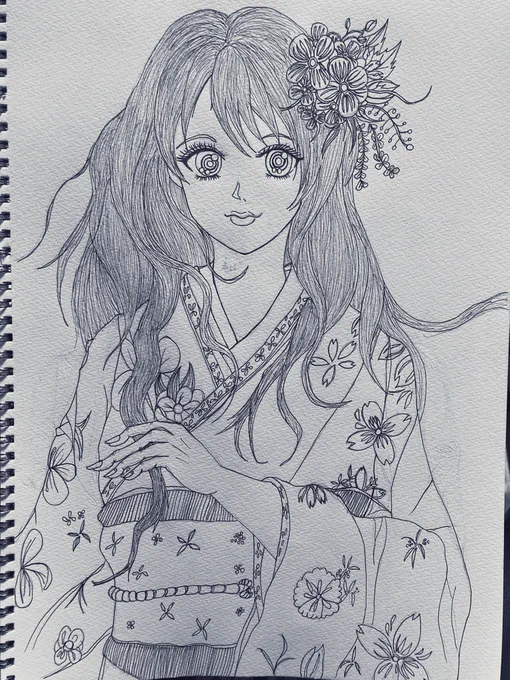 今日もお疲れです😮‍💨 とりあえず昔描いたイラストアップします💦 当時指や着物の模様が全く分からないまま描きました! いずれ色塗ろうと思います‼︎ 色塗ったら良くなるのか🤔 #イラスト練習中 #アナログイラスト #イラスト好きな人と繋がりたい
