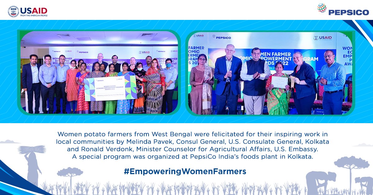 PepsiCoIndia's tweet photo. As part of @PepsiCo &amp; @USAID_India's Women Economic Empowerment Program, women potato farmers from West Bengal were felicitated by Ms. Melinda Pavek, Counsel General, @USAndKolkata &amp; Mr. Ronald Verdonk, Minister-Counselor for Agricultural Affairs. @USAndIndia https://t.co/wi1ChfMCF2