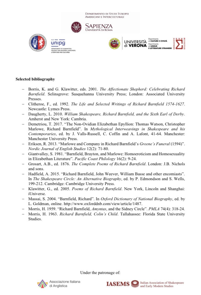 BarnfieldConf23's tweet photo. Camilla Caporicci (UniPG), @CiambellaFabio (Sapienza) and myself @CristianoRagni (UniVR) are happy to share the CfP for our Conference on Richard Barnfield!

Deadline for submissions: 30th Sept 2022. We look forward to receiving your proposals! https://t.co/mgvRiFWZ7M