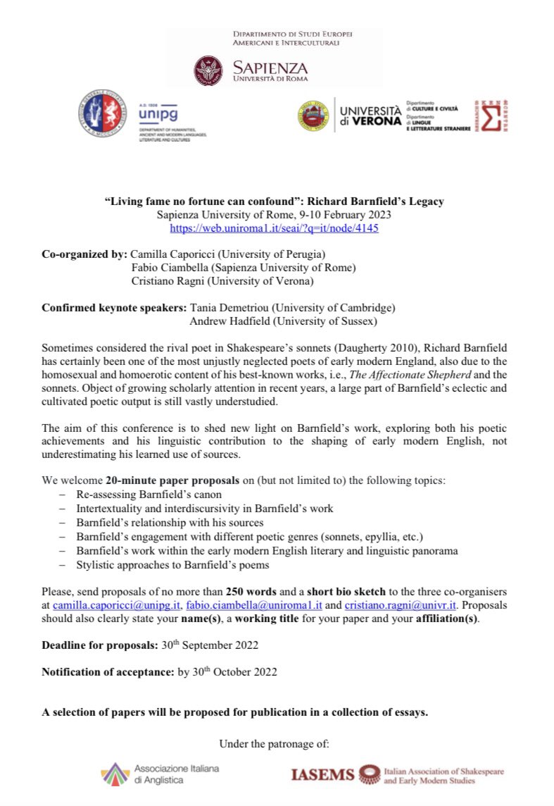 BarnfieldConf23's tweet photo. Camilla Caporicci (UniPG), @CiambellaFabio (Sapienza) and myself @CristianoRagni (UniVR) are happy to share the CfP for our Conference on Richard Barnfield!

Deadline for submissions: 30th Sept 2022. We look forward to receiving your proposals! https://t.co/mgvRiFWZ7M