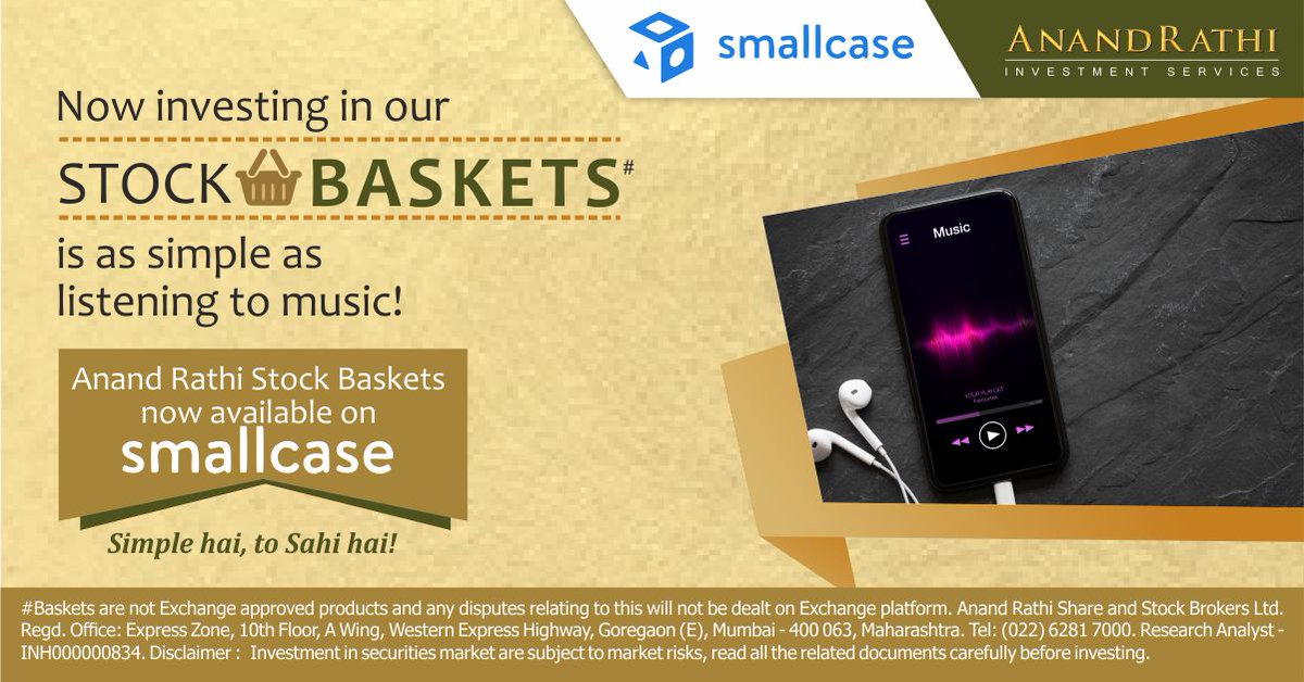 rathi_online's tweet photo. Investing got simpler with our stock baskets just as listening to music. Our stock baskets are available on small case. Click here to invest in our stock baskets - https://t.co/7dNtjJnf6Y
#AnandRathi #Stockbroker #Stockbaskets #smallcase #stockmarket #stocks #investing https://t.co/1Q4UOleV3E
