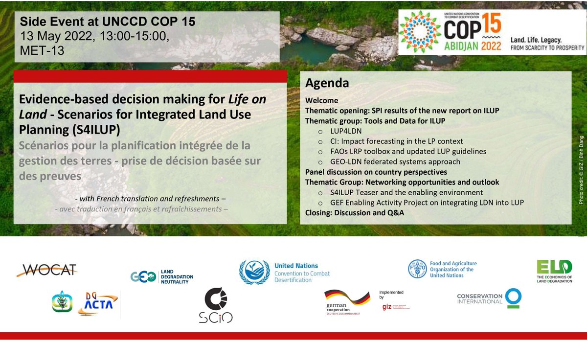 📢#UNCCDCOP15 Event📢 Tomorrow we explore how to support evidence-based decision-making for #SDG15 - Life on Land at our #COP side event on Integrated Land Use Planning. Join us in 🇨🇮 - let's move from data to action🌱 @WOCATnet, @UNCCD, @FAO, @ConservationOrg, @SCiO_systems