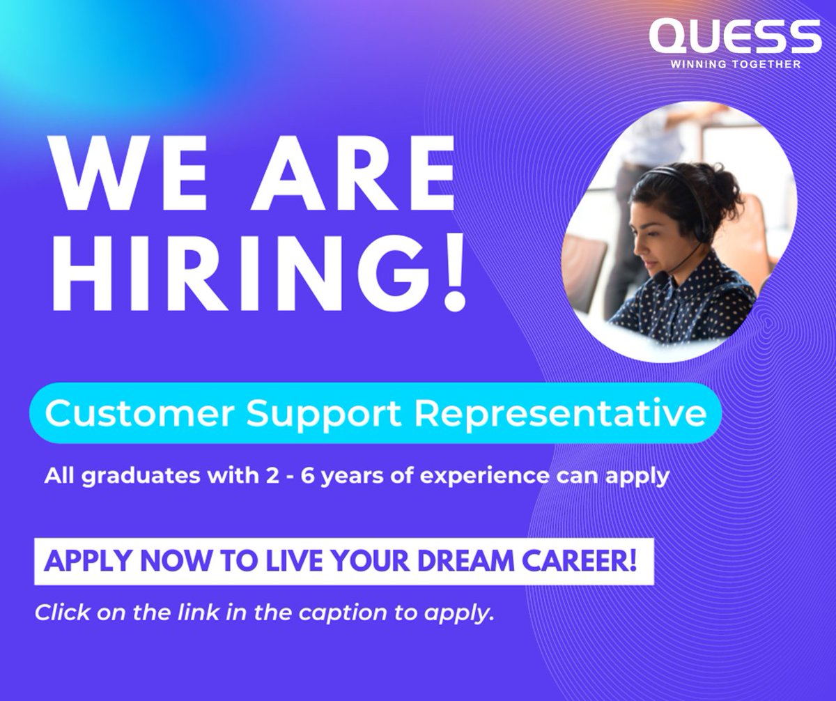 QuessITStaffing's tweet photo. At more than 10,000 strong and growing, we’re looking for #you to join us as a Customer Support Representative, to help us grow even more.
 
Click here to apply: https://t.co/Brq3hQ0E3N
 
#winningtogether #quesscorp #itesjobs #hiringalert #contractjobs https://t.co/JzO3Rr8zPB