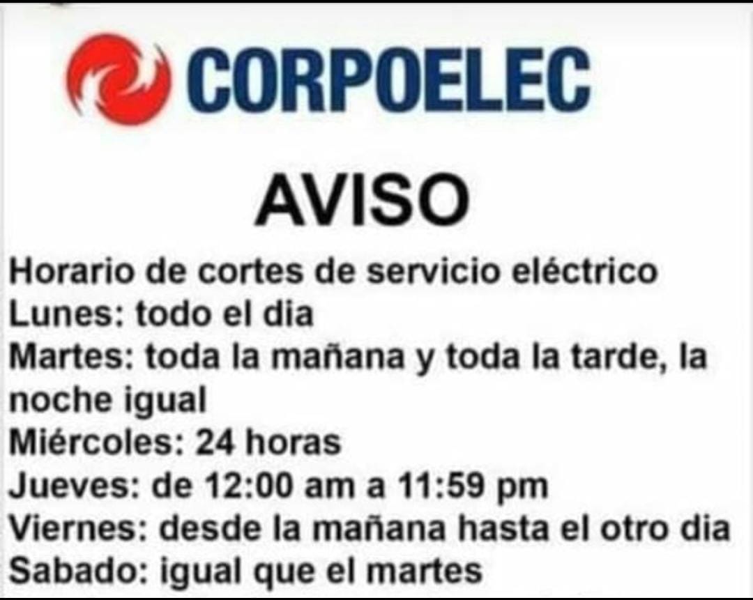 PabloJota27's tweet photo. ((( #BUENPOLVO ))) Ayer Hasta 4 Apagones Entre La Tarde-Noche-Madrugada #NAWUEBONA Y Nadie De La NEFASTA Empresa Eléctrica Sale A Decir Algo #CDSMN Pero Vamos Bien NOJODAS, Esperemos Y Ocurra El Milagro Y Hoy NO Se Vaya Por Los Clavos De Cristo Y Las Chancletas De Moisés #BUENDIA https://t.co/NnHgVLGPCs