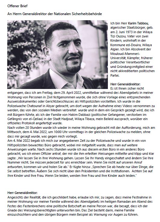 Stand4Palesti's tweet photo. Der offene Brief des algerischen #Hirak Aktivisten #KarimTabbou an das algerische Regime, nach den Drohungen der Polizei.
#ReporterOG #JournalismIsNotACrime
#Journalism #stop_arrests_in_algeria
#free_detainees #UNHCR #amnesty #UN https://t.co/OFppMemqXV