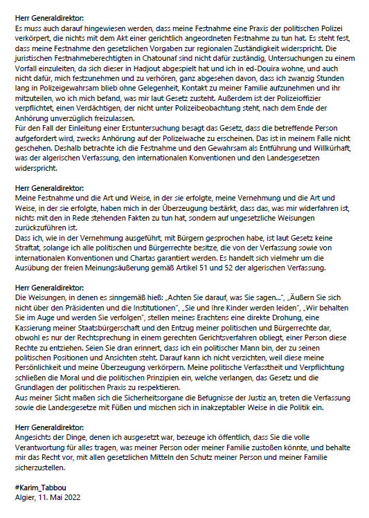 Stand4Palesti's tweet photo. Der offene Brief des algerischen #Hirak Aktivisten #KarimTabbou an das algerische Regime, nach den Drohungen der Polizei.
#ReporterOG #JournalismIsNotACrime
#Journalism #stop_arrests_in_algeria
#free_detainees #UNHCR #amnesty #UN https://t.co/OFppMemqXV