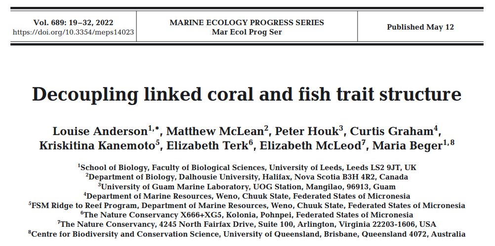mcleamj's tweet photo. New paper out today in @MEPS_IR lead by @LouiseJAnderson. We examine trait associations in coral and fish communities before and after a major bleaching event. Trait associations break down as vulnerable corals are lost, reducing coral-fish linkages.

https://t.co/ZgfaYZa0Gi https://t.co/ZReclshmVf