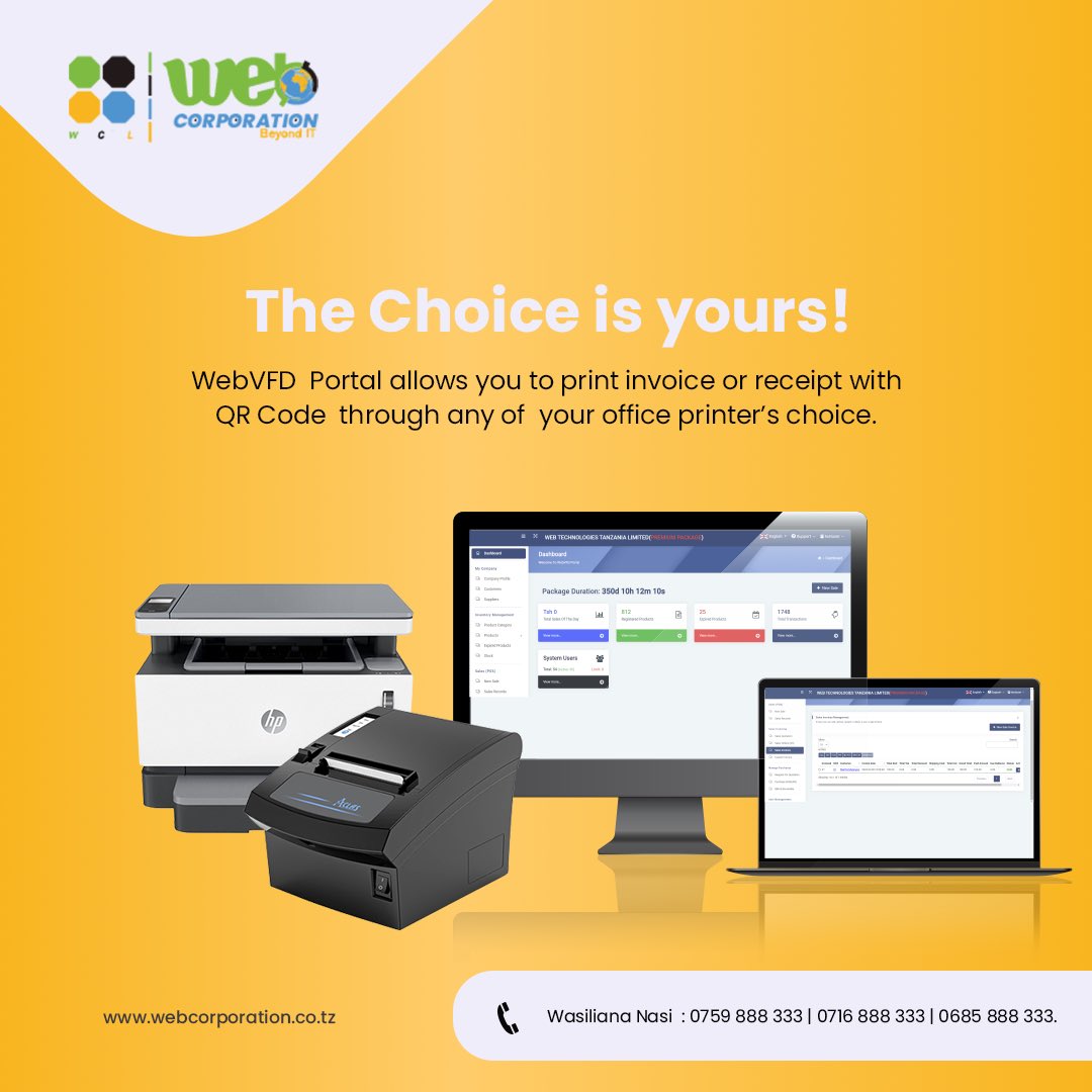 web_corpltd's tweet photo. ππ‘π π©π¨π°ππ« π¨π πππππ
π π©π¨π«πππ₯.
You can print your authorized TRA invoice or 8 millimeter receipt π§Ύ with QR code through your normal office printer or Thermal receipt printer π¨
#WebVFD #RisitiKidigitali #BeyondIT https://t.co/1zMNTK0rkx