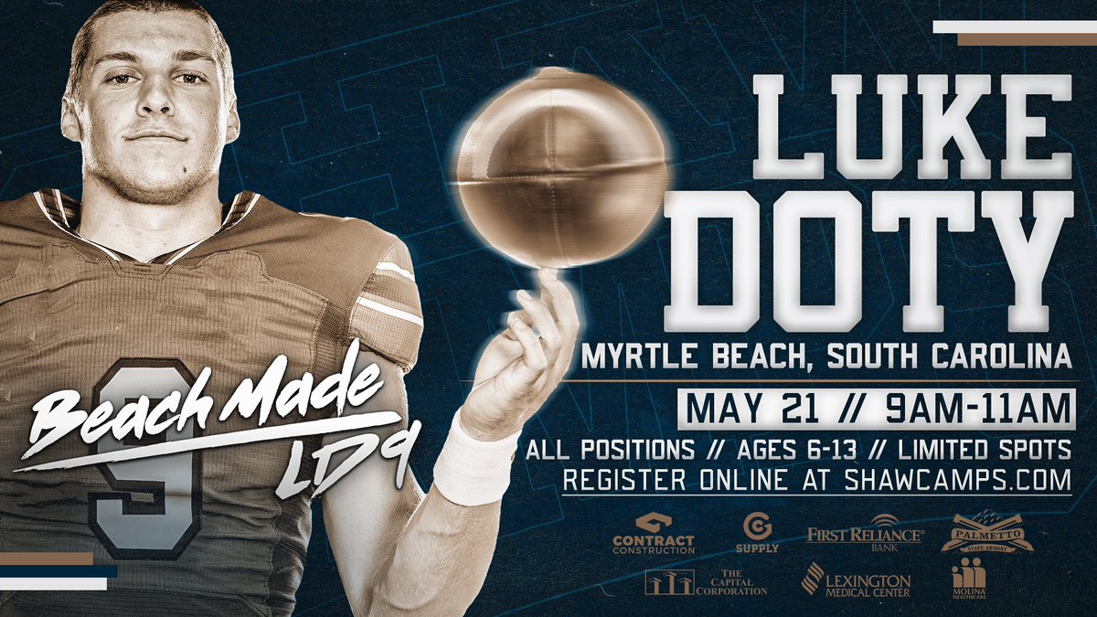 MyrtleBeachGov's tweet photo. A special football camp featuring UofSC Gamecock and Myrtle Beach native Luke Doty, alongside former USC Gamecock Connor Shaw, is set for 9:00 to 11:00 a.m., Saturday, May 21, at Doug Shaw Memorial Stadium. Register online at https://t.co/6AxhCVuhP1. https://t.co/ZCsnkQZk1b