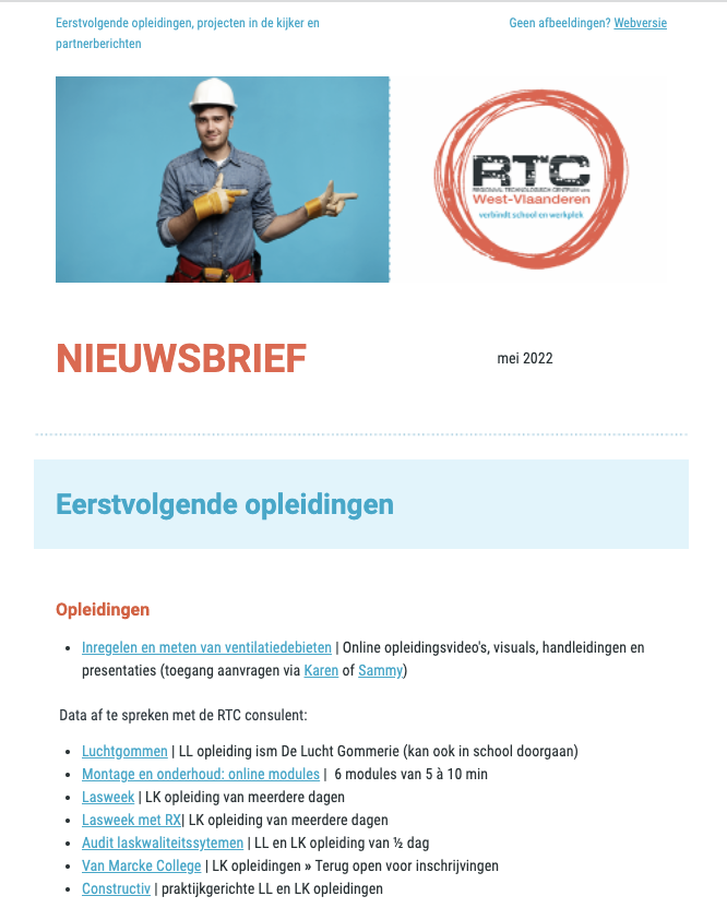 RTCwvl's tweet photo. 💡 𝗥𝗧𝗖 𝗡𝗶𝗲𝘂𝘄𝘀𝗯𝗿𝗶𝗲𝗳 𝗺𝗲𝗶 💡
Lees alles over onze opleidingen, mobiele pakketten, het pilootproject hernieuwbare energie, VDAB 10 dagen en de STEM oproep voor schooljaar 22-23!

https://t.co/7e5a6H82Yr https://t.co/SOonP6PHe1