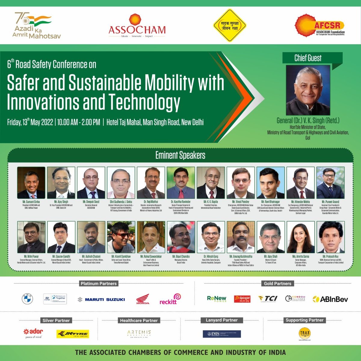#ASSOCHAM is elated to organise the 6th Road Safety Conference on the theme 'Safer & Sustainable Mobility with Innovations & #Technology'. @Gen_VKSingh, MoS, @MoCA_GoI will honour the session with his presence. Join us for the informative session: 🗓️: 13 May 🕙: 10 AM