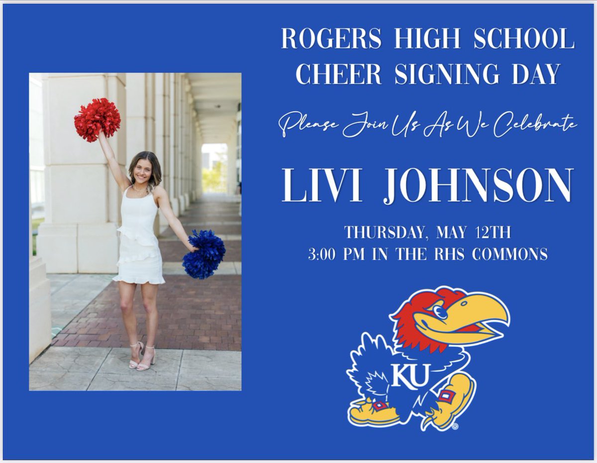 Join us TODAY! Livi Johnson will sign her letter of intent to cheer for the University of Kansas at 3:00 pm in the Commons at RHS!