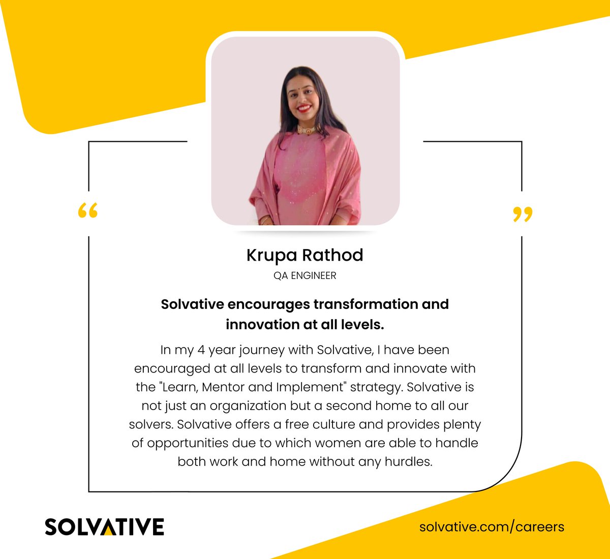 solvative's tweet photo. Our Solvers are Our Pride. Here's our Solver, Krupa Rathod, sharing her experience of working with us.
Learn More: https://t.co/EzLTV5vbYs
#Solvative #Solveforward #SolveForTomorrow #leadership #employeetestimonial https://t.co/XvI4HXIyWc