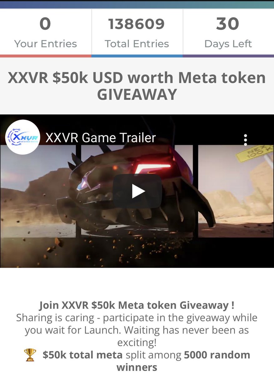 #XXVR X #Gleam 

／／
🎊$50k USD worth Meta token 
💰GIVEAWAY！！
＼＼

Don’t miss this Chance!
Join The Race🏎❤️‍🔥

📆Public Mint Time：
May 1️⃣3️⃣ 6AM（UTC）3PM（JP）

gleam.io/competitions/z…
#NFT #NFTゲーム #NFTGame #GameFi #仮想通貨
