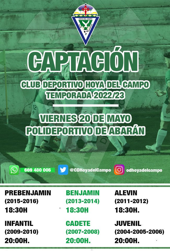 𝗖𝗔𝗣𝗧𝗔𝗖𝗜𝗢́𝗡 | ¿Te apasiona el fútbol?😍 ¿Quieres formar parte de nuestra familia? 🤝💚🤍

¡Te estamos esperando! 🤗

📅¡Nos vemos el viernes 20 de Mayo al Polideportivo de Abarán!

¡Ven, prueba y diviértete con nosotros! ⚽