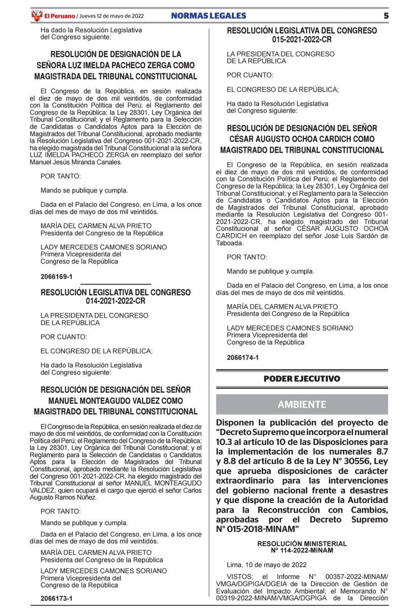 📰 Se oficializa en El Peruano la designación de los nuevos seis magistrados del Tribunal Constitucional.