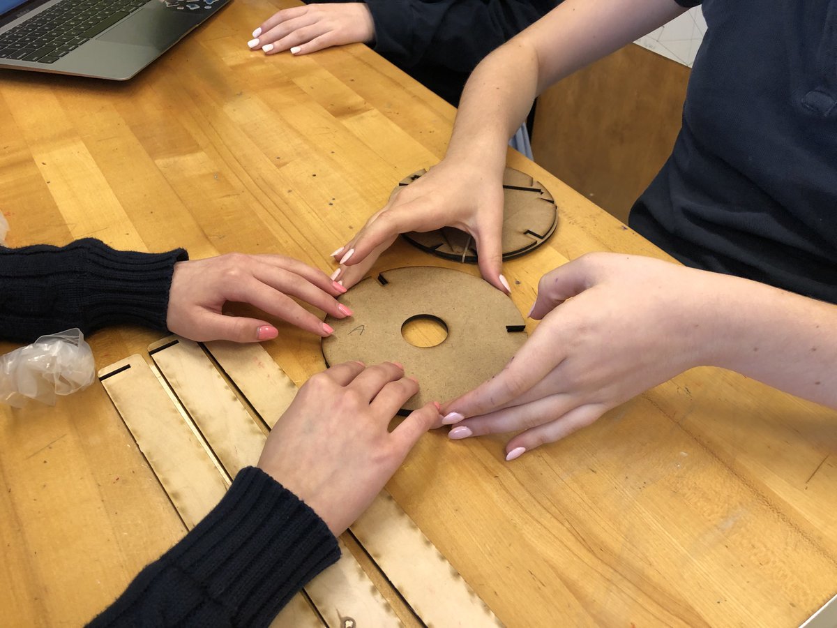 joshburker's tweet photo. Class VIII @MarymountNY are building #LightLogo kaleidoscopes from @openblackboard design. @EpilogLaser cut MDF and mirrored acrylic, #3DPrinted diffuser and neopixel ring holder. They will program designs that are reflected within. #art #math #programming #fabrication https://t.co/nxkuRvKiUL