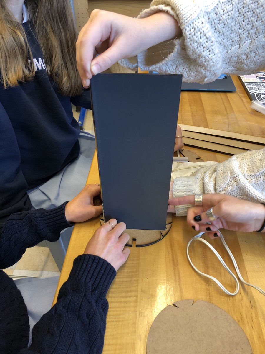 joshburker's tweet photo. Class VIII @MarymountNY are building #LightLogo kaleidoscopes from @openblackboard design. @EpilogLaser cut MDF and mirrored acrylic, #3DPrinted diffuser and neopixel ring holder. They will program designs that are reflected within. #art #math #programming #fabrication https://t.co/nxkuRvKiUL