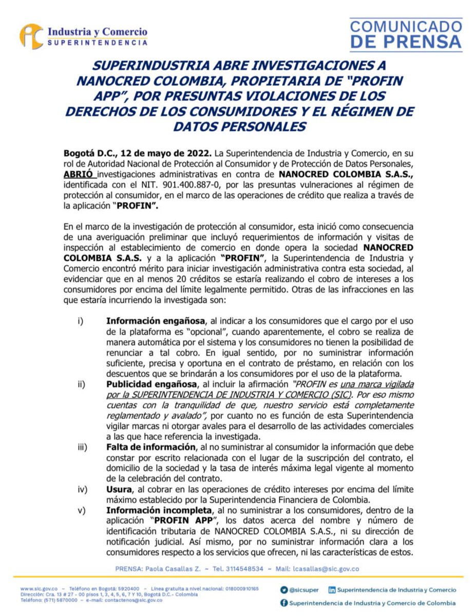 andresbarretog's tweet photo. #COMUNICADO 🚨 la @sicsuper abre investigación a NANOCRED COLOMBIA S.A.S. propietaria de la aplicación “PROFIN” por vulnerar los derechos de los consumidores en los créditos que ofrecen a través del comercio electrónico, así como por violar el régimen de datos personales.🇨🇴👇 https://t.co/W1Jdx5fnSa