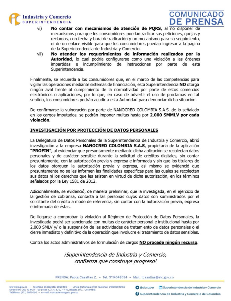 andresbarretog's tweet photo. #COMUNICADO 🚨 la @sicsuper abre investigación a NANOCRED COLOMBIA S.A.S. propietaria de la aplicación “PROFIN” por vulnerar los derechos de los consumidores en los créditos que ofrecen a través del comercio electrónico, así como por violar el régimen de datos personales.🇨🇴👇 https://t.co/W1Jdx5fnSa