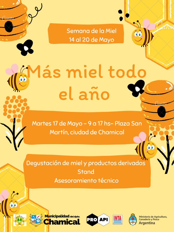 🍯 Degustación de miel y productos derivados 🥞
🍯Stand
🍯 Asistencia y asesoramiento técnico y mucho más 

Andá agendado ‼️

Invitan: Agencia de Extension Rural Chamical,Proapi, Secretaria de Producción de la Municipalidad del Dpto Chamical y Cooperativa Apicola El Morado