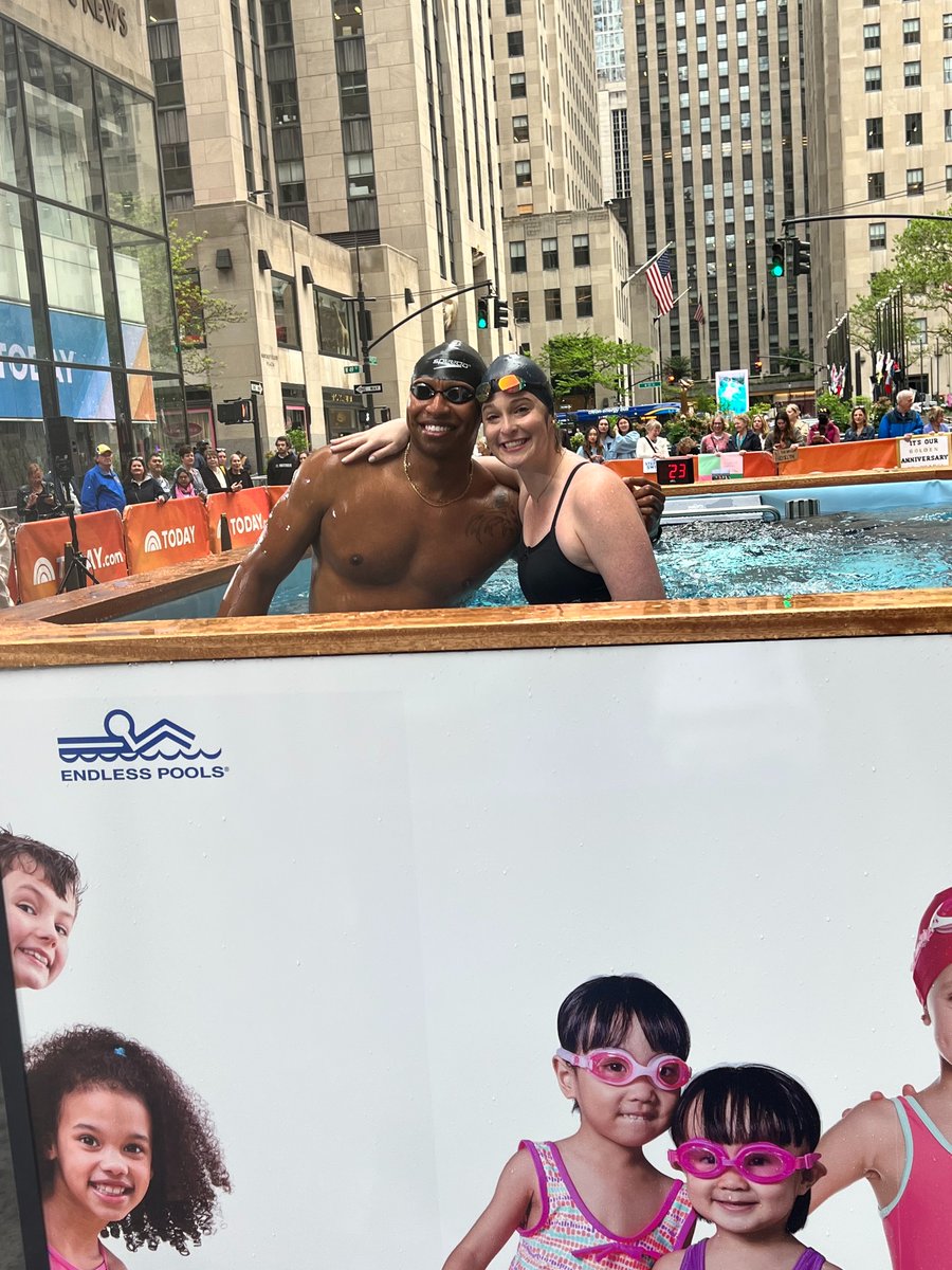 Cammile and Cullen are in the pool! Tune into The @TodayShow now to see @RowdyGaines and his fellow Olympians teach a swimming lesson live on the plaza and share summer water safety tips. You won't want to miss it! #NWSM2022
