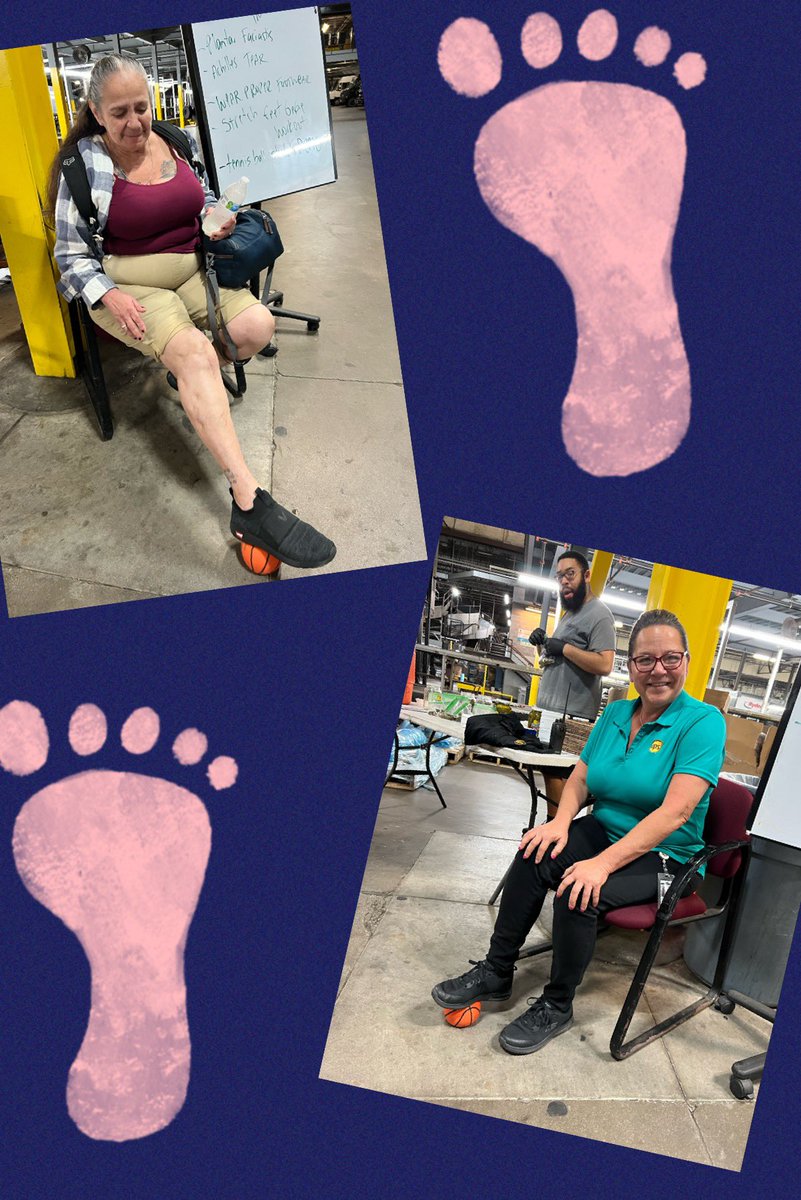 Plantar fasciitis is one of many feet injuries that can occur while standing on your feet for hours and hours. Make sure you stretch and take care of your feet, quickly and aggressively! Here’s a Tennis ball stretching activity!! Good job Darlene and Edie!! <a href="/RedRiverUPSers/">Red River UPSers</a>