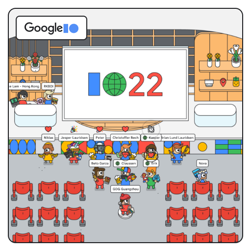 Group photo at the main stage of #GoogleIO Adventure! We're thrilled seeing all the users enjoying themselves inside the virtual world and finding all the swag and hidden easter eggs!