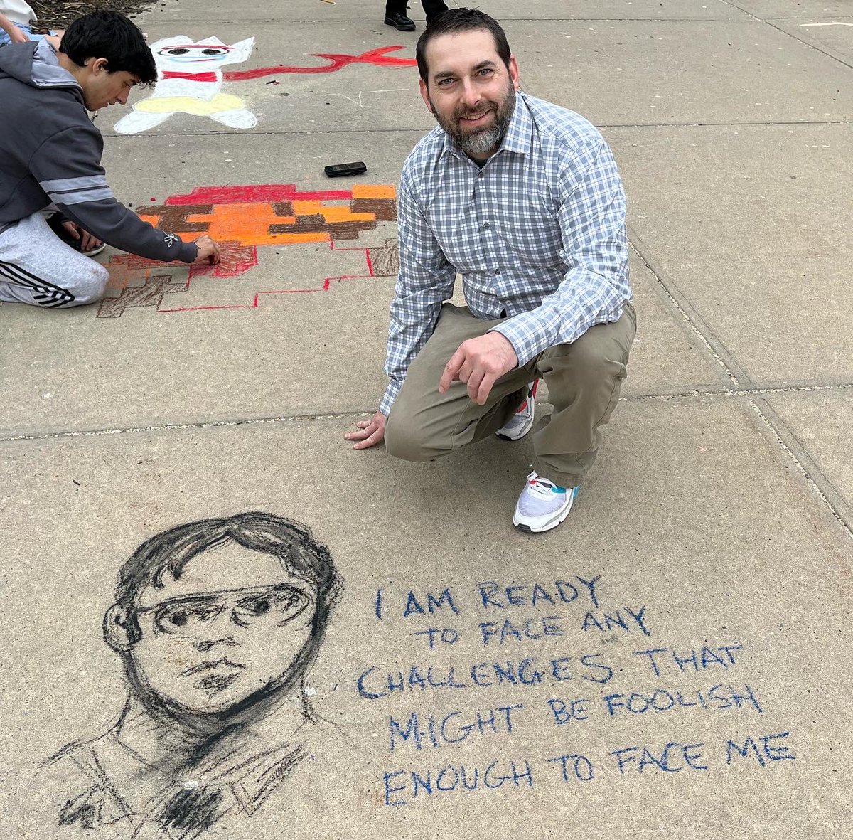 sachemnorthwind's tweet photo. The art dept is trying to make @the_heART_tchr proud! Check out the sidewalk chalk affirmations around the building today. Feel free to jump in 📸 https://t.co/fcOJ6cbFOa