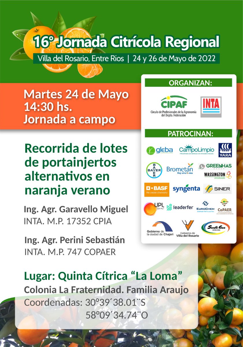 IntaChajari's tweet photo. Agenda estas fechas. Se viene las 16 Jornada Cítricola Regional https://t.co/2HVLSnc5qD