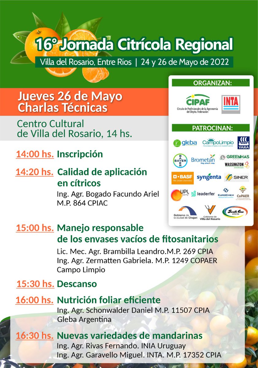 IntaChajari's tweet photo. Agenda estas fechas. Se viene las 16 Jornada Cítricola Regional https://t.co/2HVLSnc5qD
