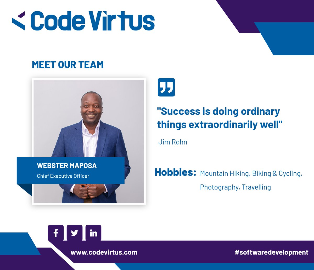 CodeVirtusZW's tweet photo. Meet Webster Maposa our Chief Executive Officer
#meettheteam
#fridayvibes
#codevirtus https://t.co/xgLBc9vp76