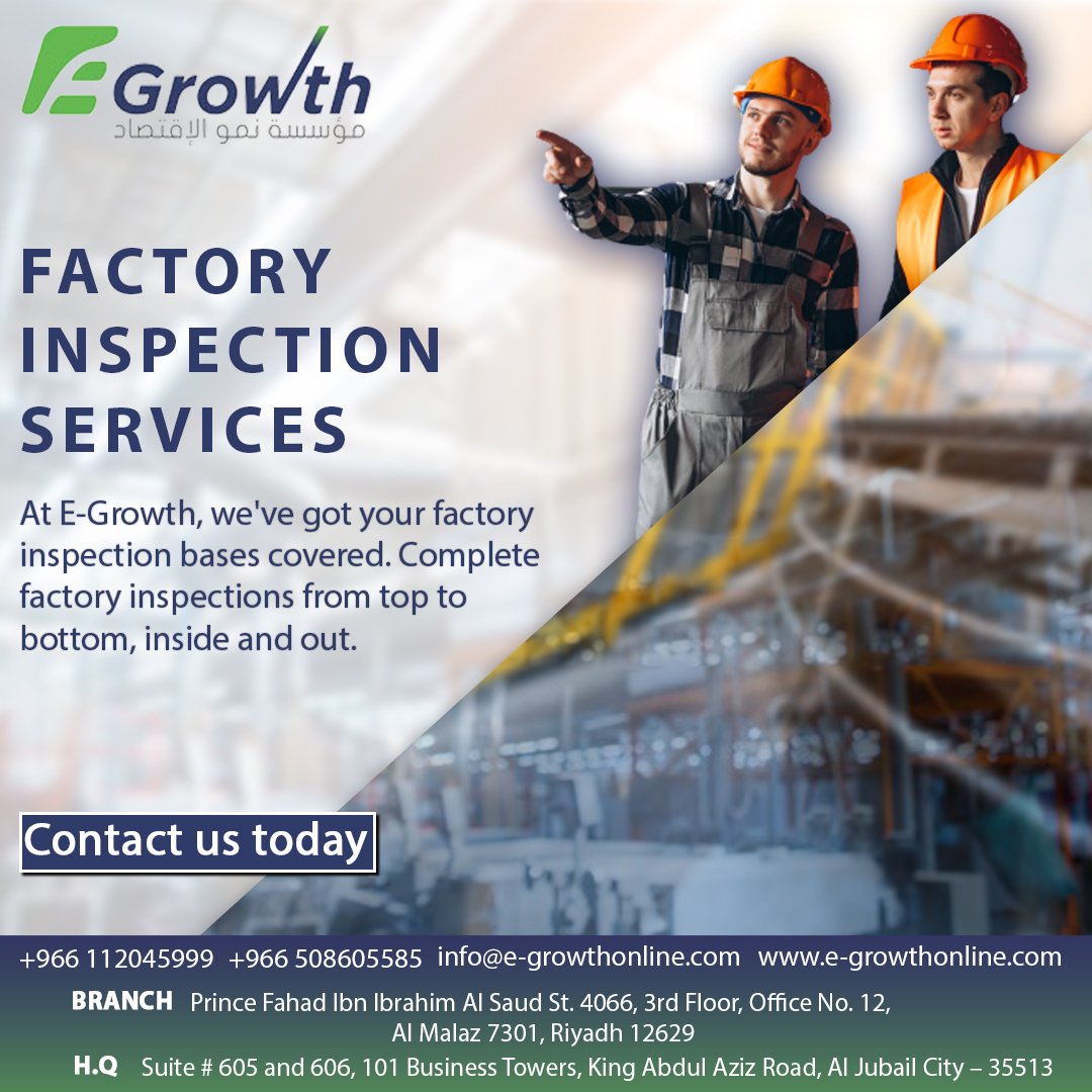 economygrowthco's tweet image. At E-Growth, we've got your factory inspection bases covered. Complete factory inspections from top to bottom, inside and out.
📞Call: +966 11 204 5999
🌐Web: bit.ly/3MprR9r
#Factory #inspection #factoryinspection  #riyadh #SaudiArabia #industrialmachinery