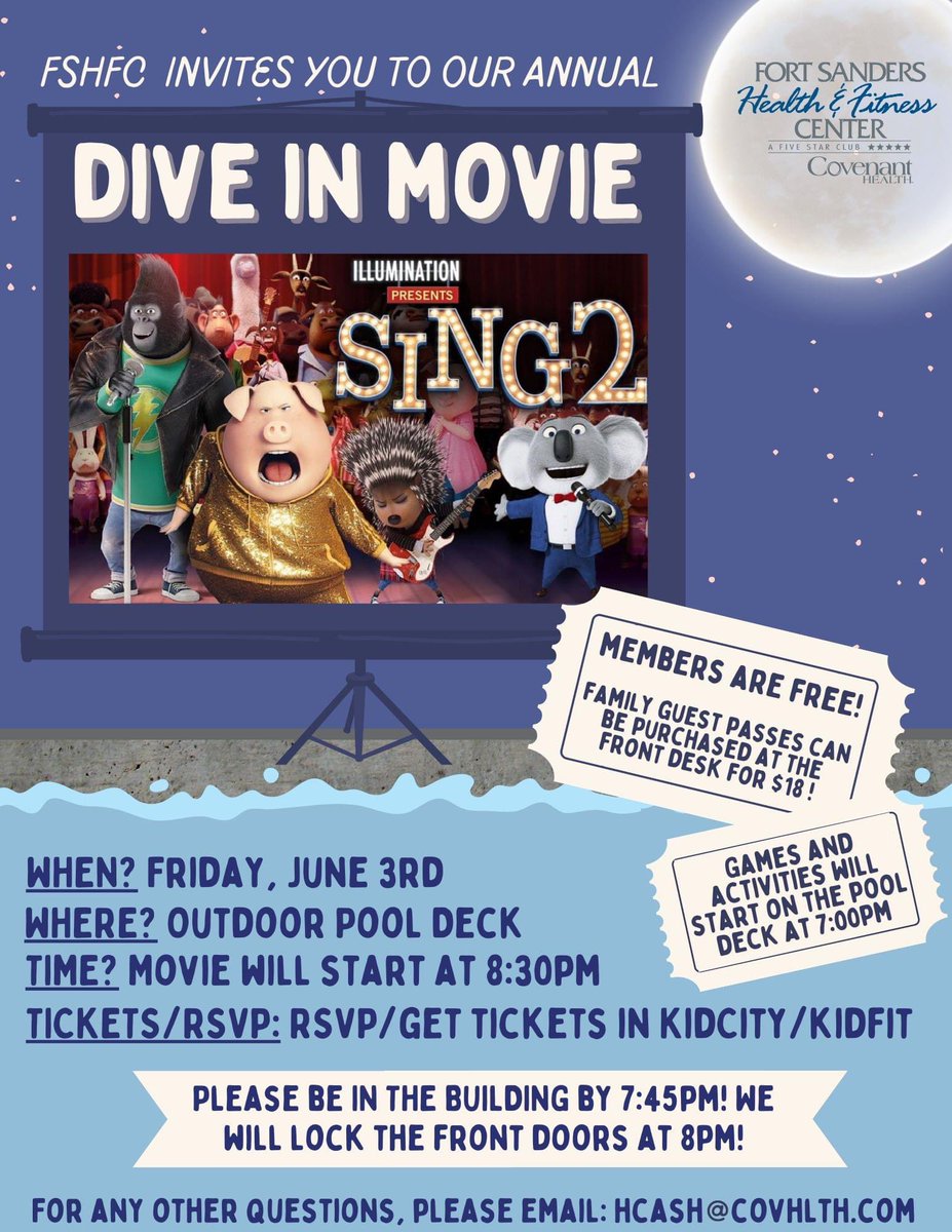 fshfc's tweet photo. Signups start today for our annual FSHFC Dive In Movie! Free for members (signup in KidCity or KidFit), and family guest pass tickets available at the front desk! #Sing2 #DiveInMovie2022 https://t.co/cJsKUZmOs2