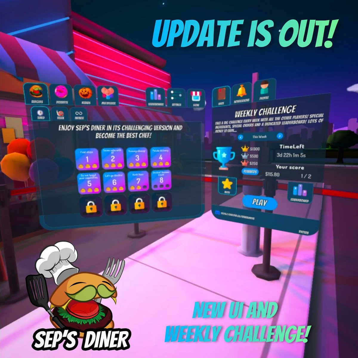 Brand new UI and a weekly challenge for #SepsDiner 🔥
Each week, compete against all players to win the grand prize 🏆

And there's a lot more to come... Stay tuned!

Get Sep's Diner for #MetaQuest2 : oculus.com/experiences/qu…
or #steamvr: store.steampowered.com/app/1478880/Se…

#vr #cookinggame