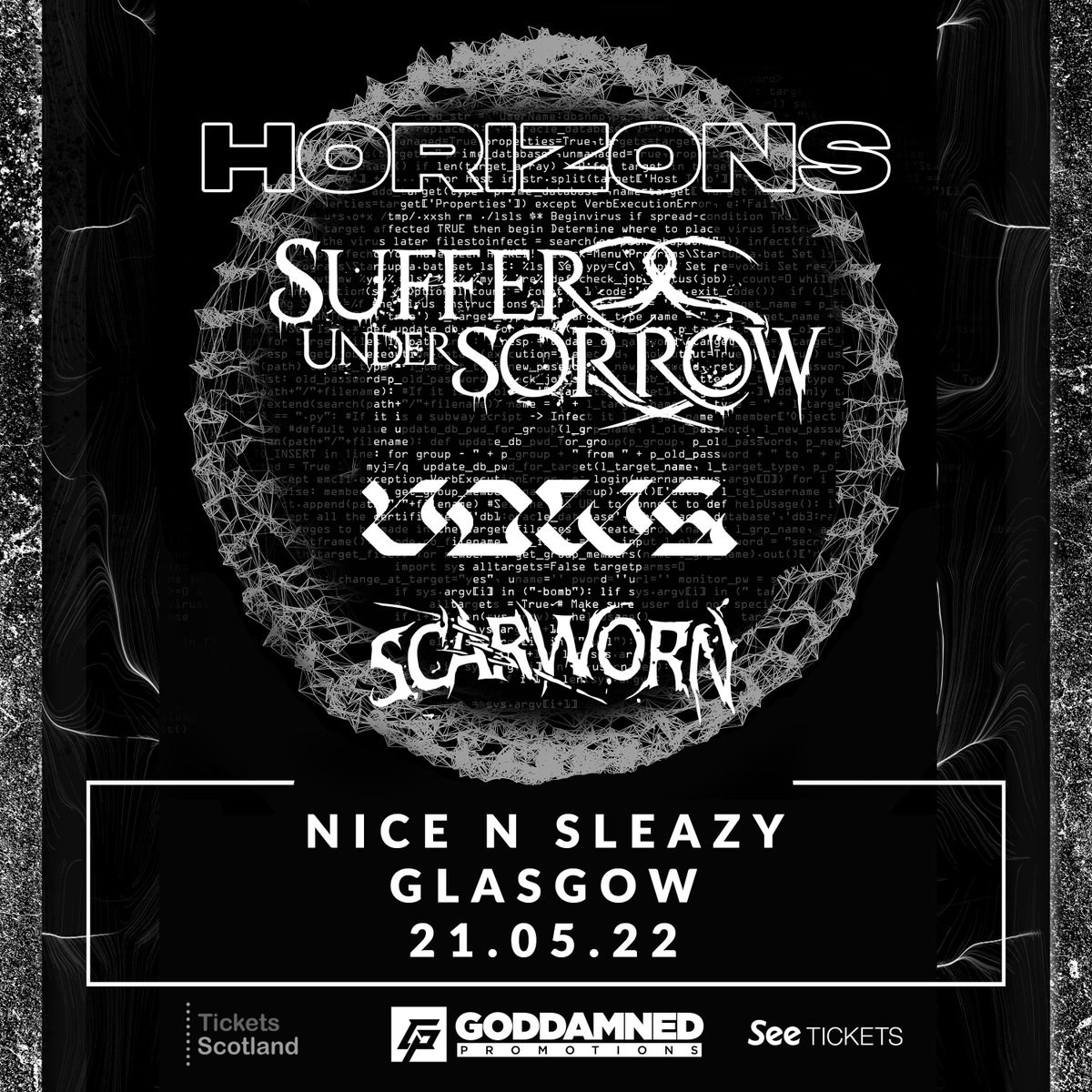 NEXT SATURDAY

Glasgow post-hardcore band, <a href="/OfficialHrzns/">Horizons</a> play their farewell hometown show at <a href="/nice_n_sleazy/">Nice N Sleazy</a> alongside @s_u_s_band, Vows, <a href="/SCARWORNBand/">SCARWORN</a> 

Tickets:  see.tickets/hor22 &amp; t-s.co/hori0

<a href="/WhatsOnGlasgow/">What's On Glasgow</a> 
<a href="/ScotlandMetal/">MetalGigsScotland</a> 
<a href="/ticketsscotland/">Tickets Scotland</a>