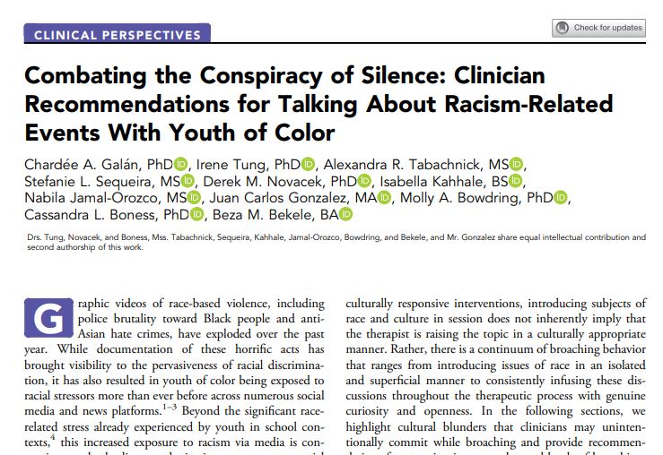 #ClinicalPerspectives provides recommendations for talking about racism-related events with #youthofcolor. jaacap.org/article/S0890-…  #JAACAP #mentalhealthequity @ChardeeGalan