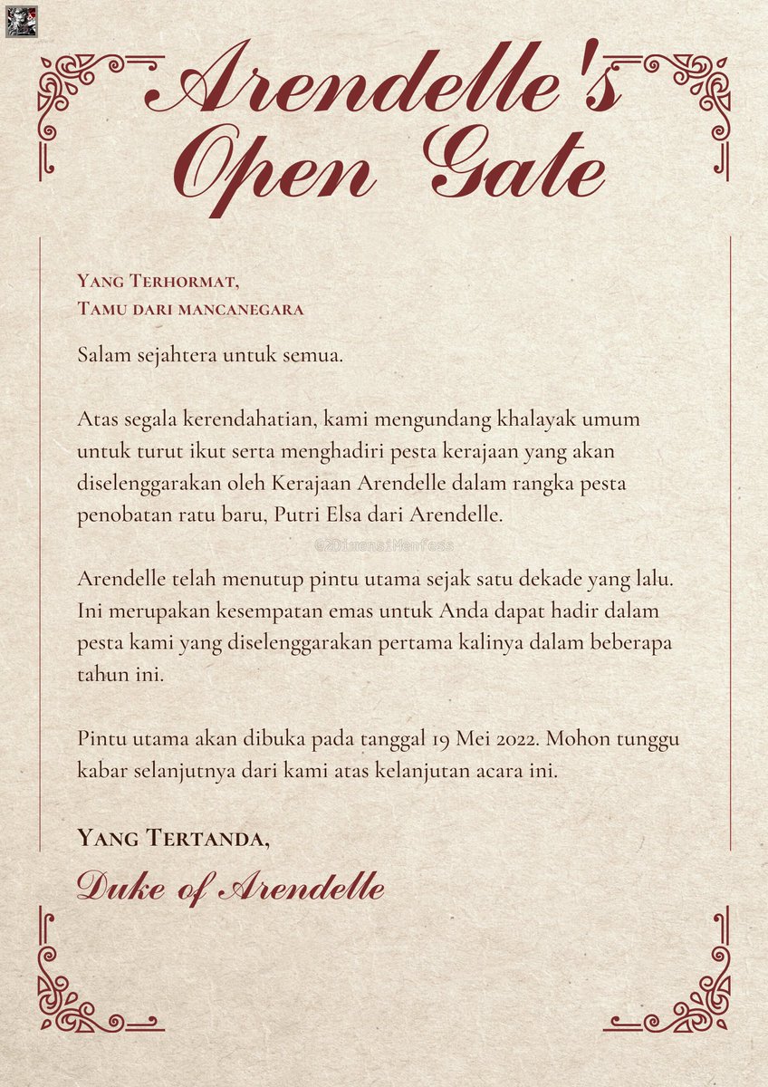 2DimensiMenfess's tweet photo. *2DFess 

⠀⠀⠀"𝗜𝗧'𝗦 𝗖𝗢𝗥𝗢𝗡𝗔𝗧𝗜𝗢𝗡 𝗗𝗔𝗬!" 

Arendelle—sebuah kerajaan yang dikelilingi lautan akan mengadakan pesta yang terbuka untuk segala kalangan. Tua muda, pria wanita, kaya miskin, tanpa terkecuali. Akankah kalian datang ke pesta tersebut? https://t.co/21o9CAkdcM