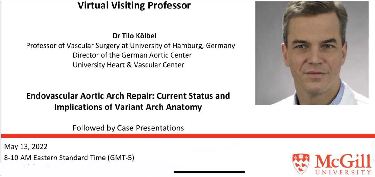 McGillVascular's tweet photo. Excited to announce our upcoming Visiting Speaker Dr. Tilo Kolbel via Zoom on Friday May 13th. Canadian VS Training sites and  others interested?DM your Creds and Contact to @McGillVascular for Zoom link. @McGillSurg #vascularsurgery #mcgill https://t.co/5jWI2Fw5GE