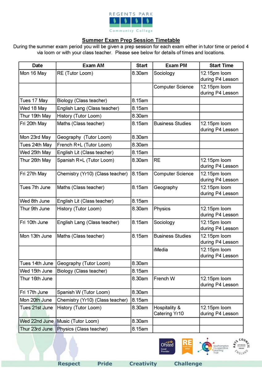 Summer Exam Prep Session Timetable