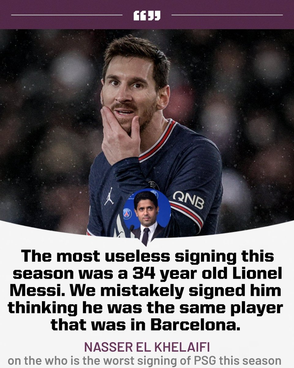 VoiceOfRMadrid's tweet photo. Khelaifi believes Messi is the worst signing of PSG this season 😳🤐 https://t.co/5xUCt3nnET