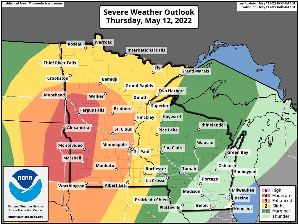 The risk has been upgraded to MODERATE (level 4/5) later today and this evening across western MN. Widespread wind damage, very large hail, and a few tornadoes are expected. Be prepared for severe weather later today!