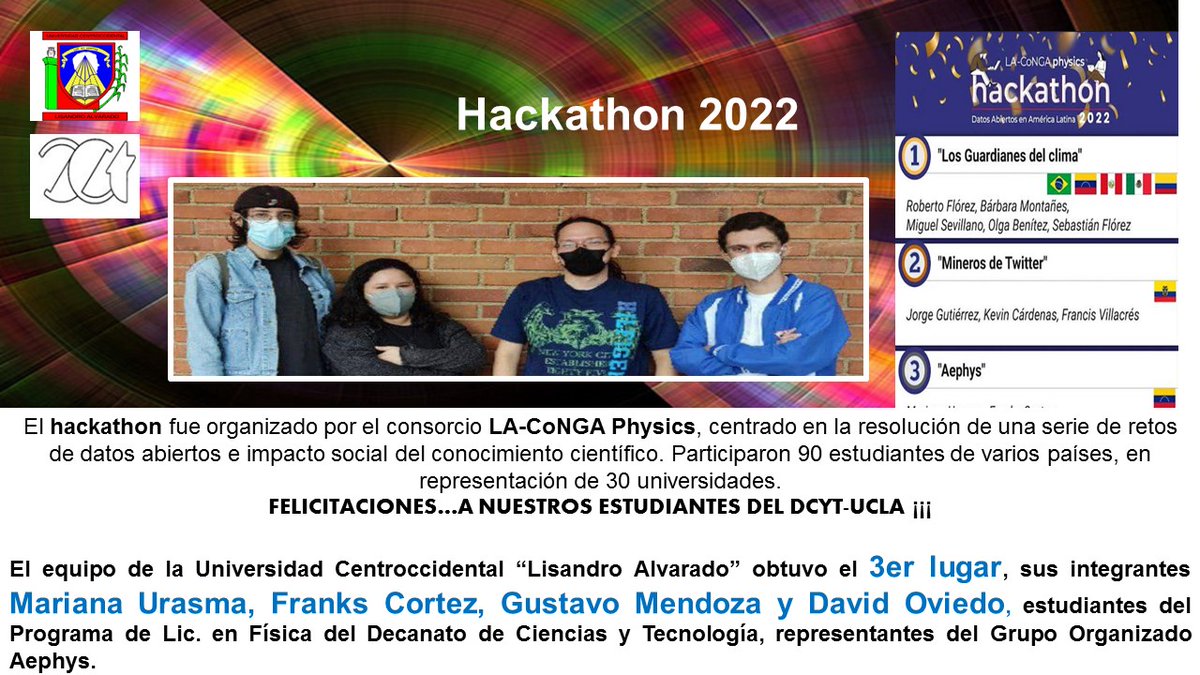 UCLADCyT's tweet photo. El Decanato de Ciencias y Tecnología de la @UCLADCyT felicita a los estudiantes del Programa de  Lic. en Física, Mariana Urasma, Franks Cortez, Gustavo Mendoza y David Oviedo, por obtener el 3er lugar en el Hackathon 2022, organizado por el consorcio LA-CoNGA Physics. #Ciencia https://t.co/SC6p2ycaLQ
