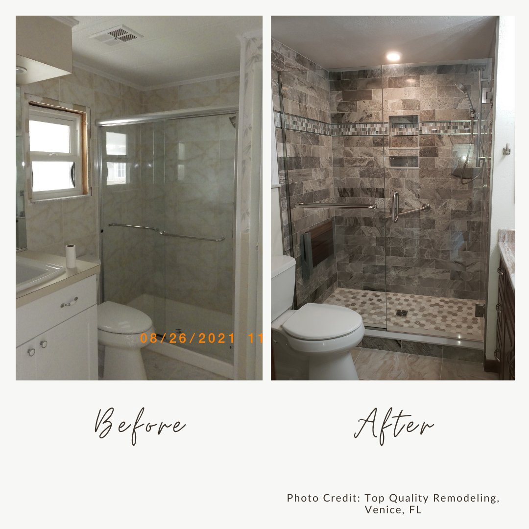 It’s National Home Remodeling Month, Sponsored by Westlake Royal Building Products. This week, we are featuring photos of kitchen and bathroom remodels. Windows were removed and updated tiling added to create a bathroom that feels larger and luxurious. nahb.org/remodelingmonth