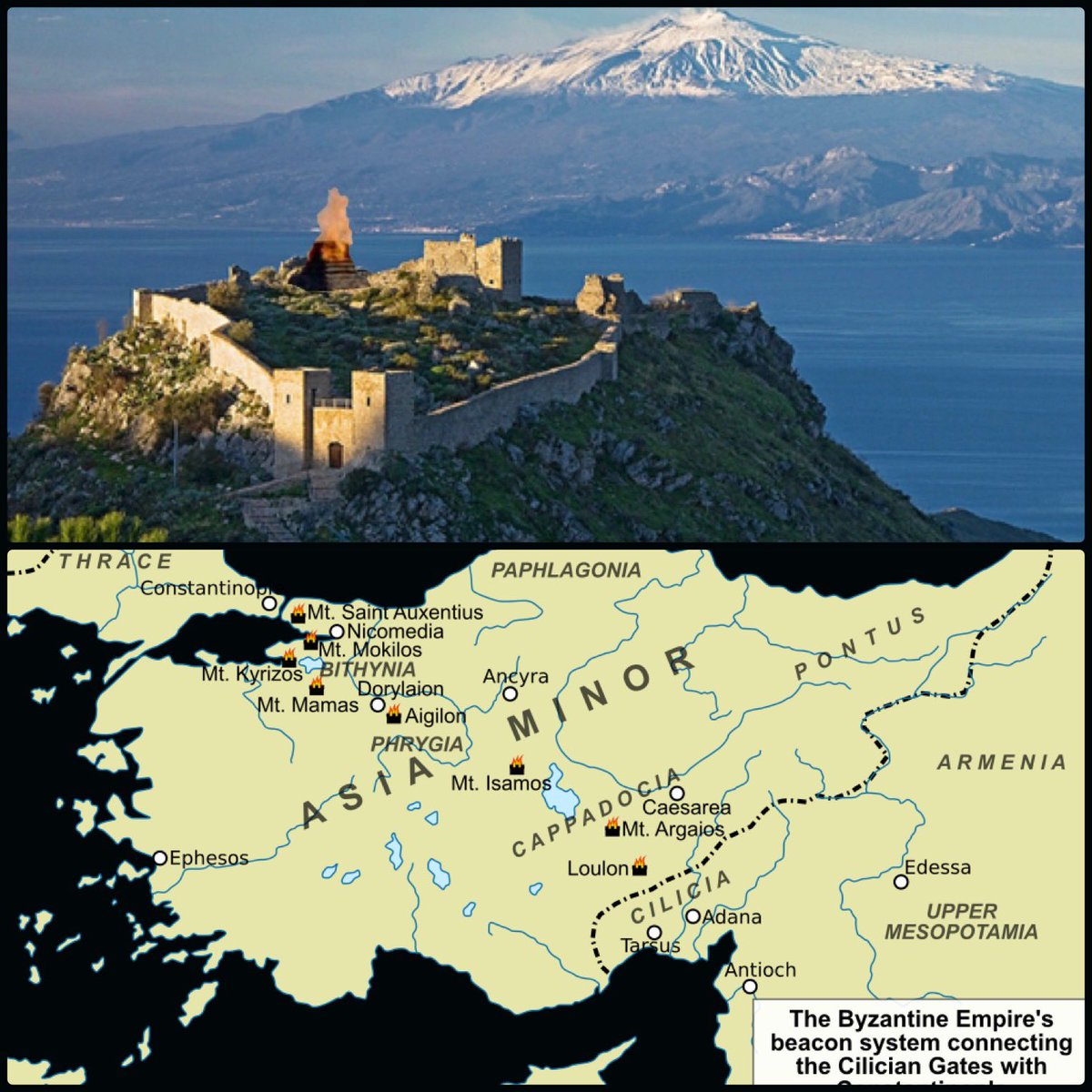 RomeInTheEast's tweet photo. The 9th century Byzantines had a LOTR style beacon system to send a warning from the frontier in the Taurus mountains to Constantinople and possibly other places. It could have taken as little as an hour to relay a warning across Anatolia, which is incredible in those times https://t.co/cfuBZMAJzP